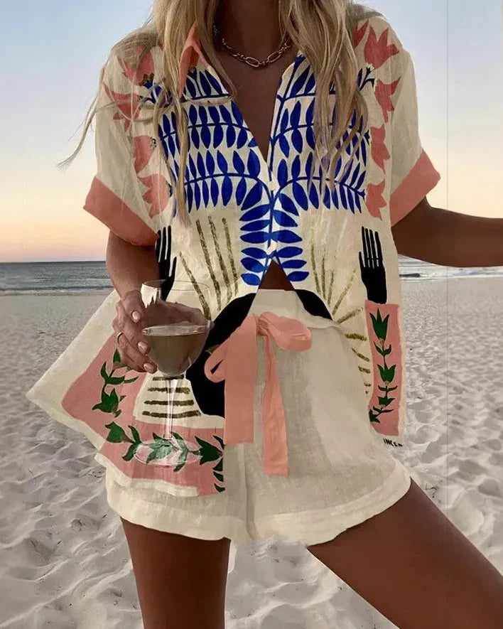 Ensemble chemise et short RIVIERA, feuillage bleu cobalt sur fond ecru