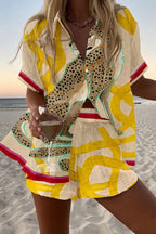 Ensemble chemise et short RIVIERA, imprime leopard jaune sur fond ecru