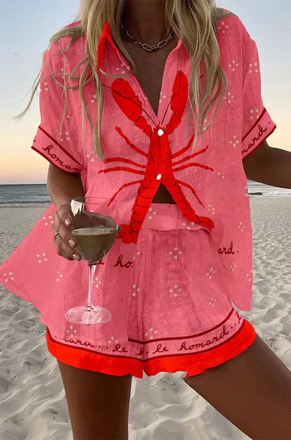 Ensemble chemise et short RIVIERA, imprime homard sur fond rose