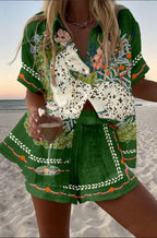 Ensemble chemise et short RIVIERA, imprime equestre sur fond vert